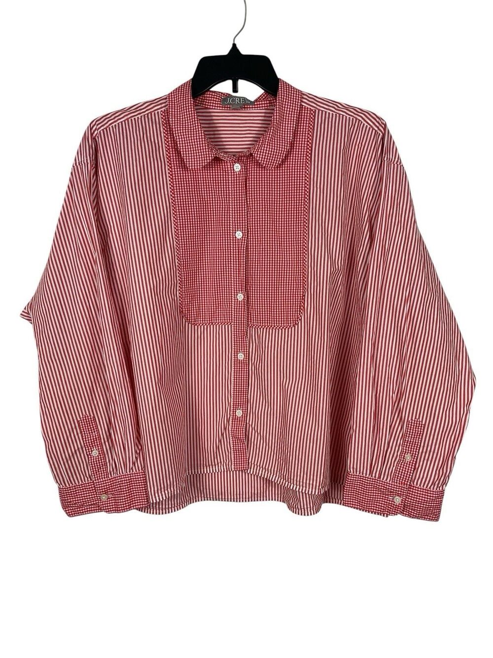 J.Crew Women’s 3X Red Mixed Stripe Gingham Cropped Button Down Shirt Cotton